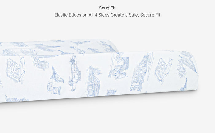 Fitted sheet with blue line art design on a white background