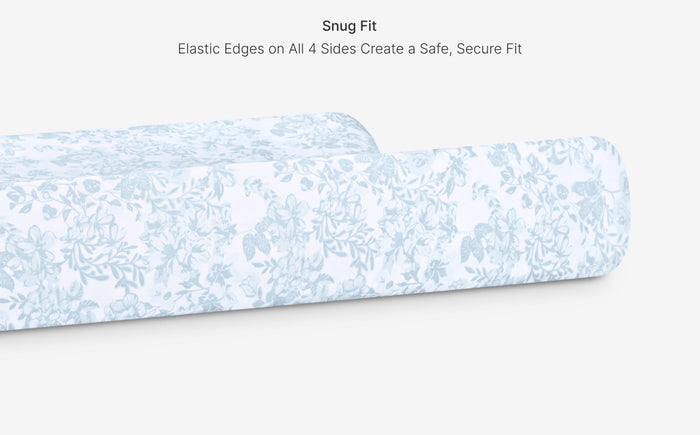 Floral-patterned mattress cover with text on a white background