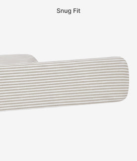 Striped cushion with 'Snug Fit' text on a white background