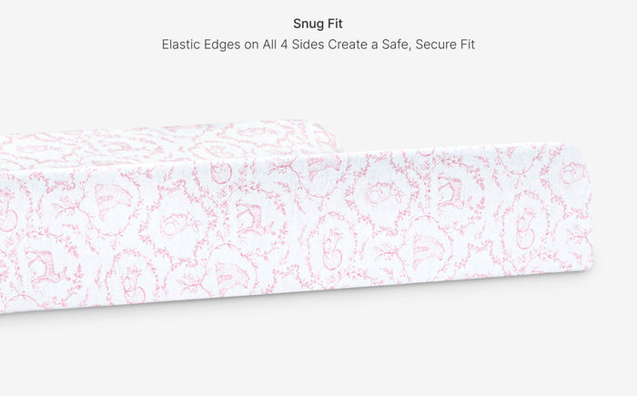 Patterned headband with text about snug fit and elastic edges on a white background