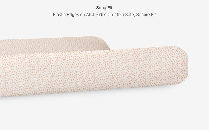 Two beige fabric strips with text about snug fit and elastic edges on a white background