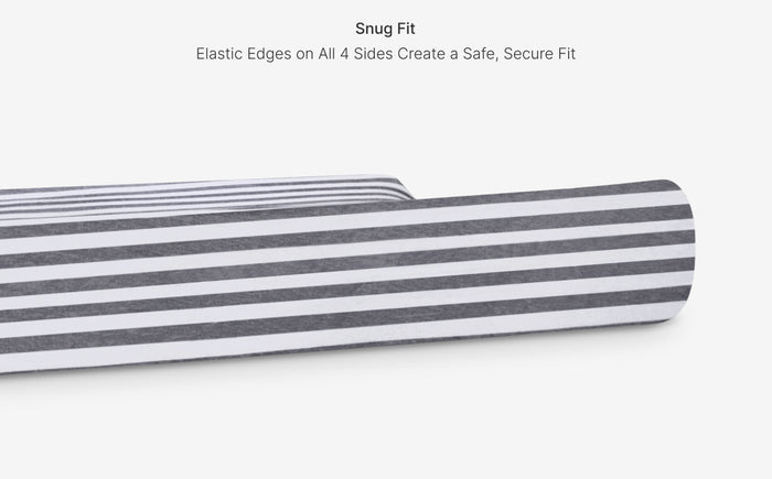 Striped product with text about snug fit on a white background