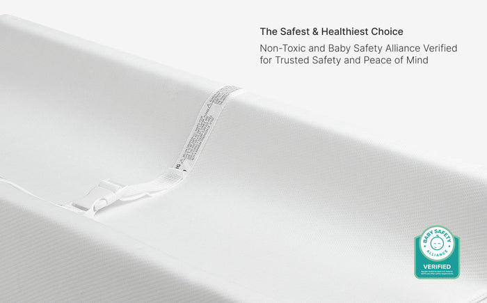 White crib sheet with a safety certification label on a white background