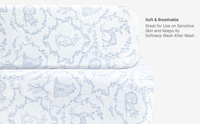 Patterned fabric with text highlighting softness and breathability