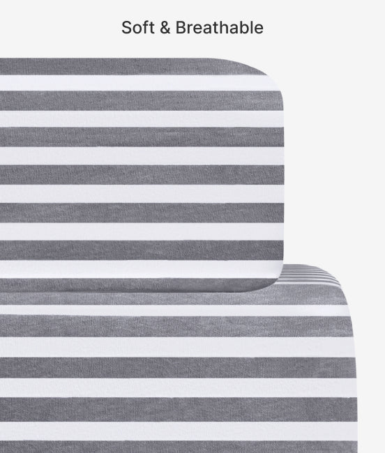 Gray and white striped fabric with 'Soft & Breathable' text above it.