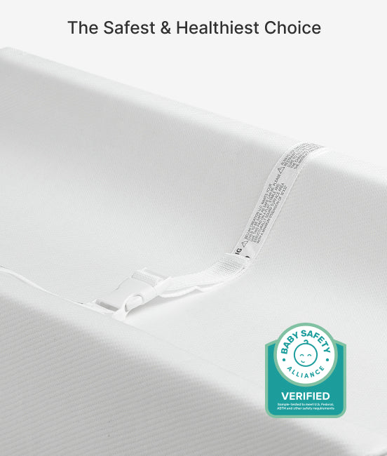 Mattress with a Baby Safety Alliance verified label on a white background