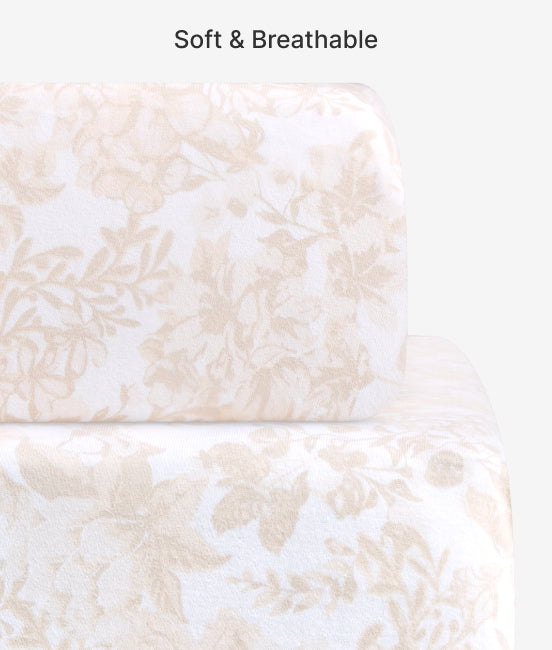 Textured fabric with a floral pattern on a white background, labeled 'Soft & Breathable'.