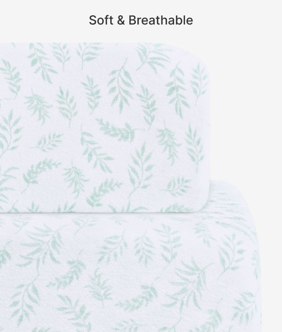 Floral patterned fabric with 'Soft & Breathable' text on a light background