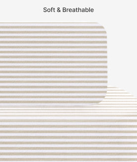 Textured fabric with horizontal stripes on a white background, labeled 'Soft & Breathable'.