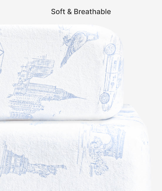 Textured white fabric with blue architectural line drawings and 'Soft & Breathable' text.