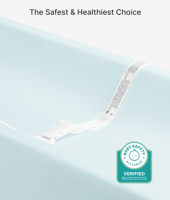 Baby safety harness with a verified badge on a light blue background