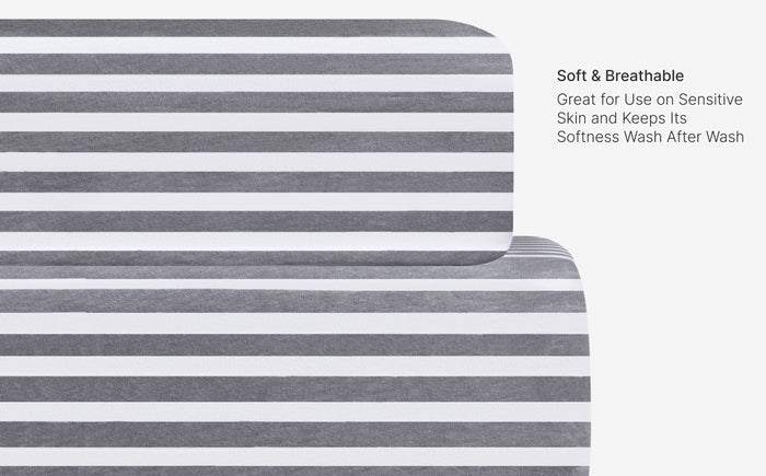 Gray and white striped fabric with text about softness and breathability on a white background