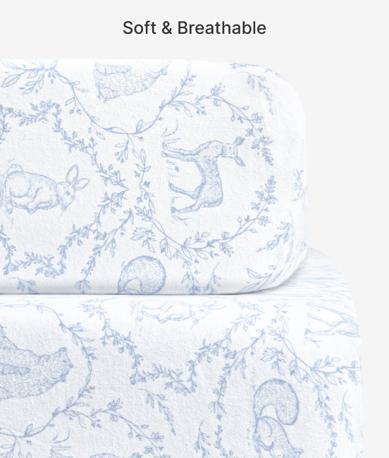 Floral patterned fabric with text 'Soft & Breathable' on a white background