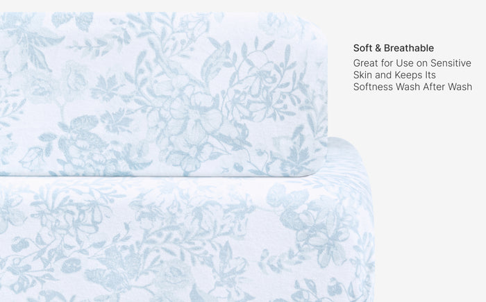 Floral patterned sheet set on a white background with text about softness and breathability.