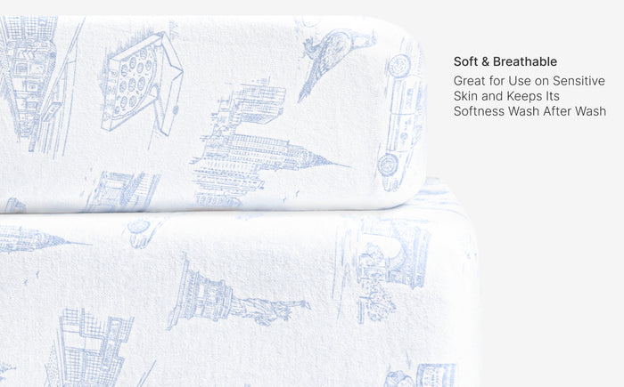 Textile with blue geometric pattern on white background