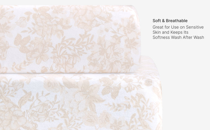 Close-up of soft, patterned fabric with text about its properties.