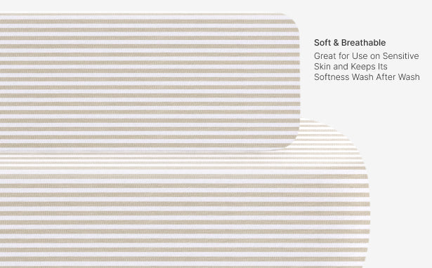 Striped fabric with text about softness and breathability on a white background