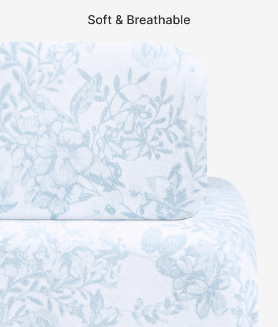 Light blue floral-patterned fabric with 'Soft & Breathable' text on a white background