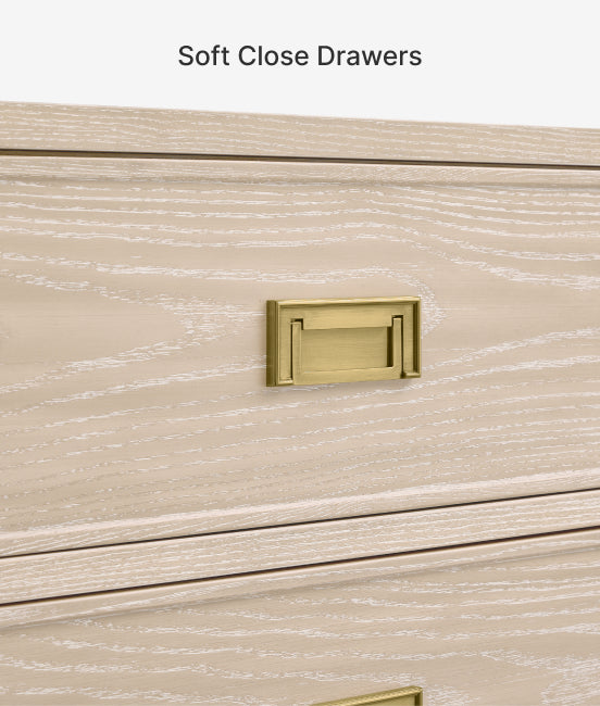 Beige drawer with gold handle and 'Soft Close Drawers' text