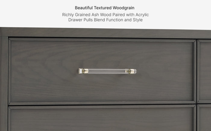 Dark wood drawer with acrylic handle on a white background