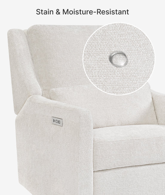 Light gray sofa with a close-up of water droplet resistance on fabric