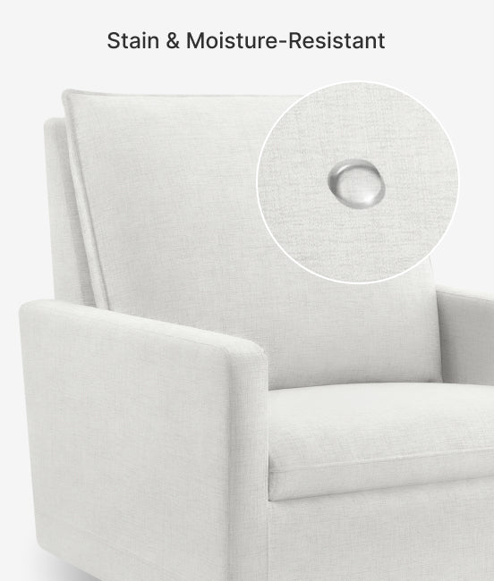Stain and moisture-resistant fabric on a white background with a close-up of water droplet absorption.