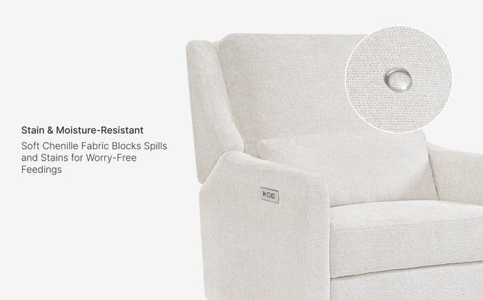 White fabric baby crib with soft chenille texture and stain-resistant feature.