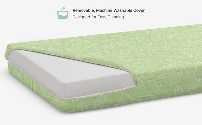 Green mattress cover with leaf pattern on a white background