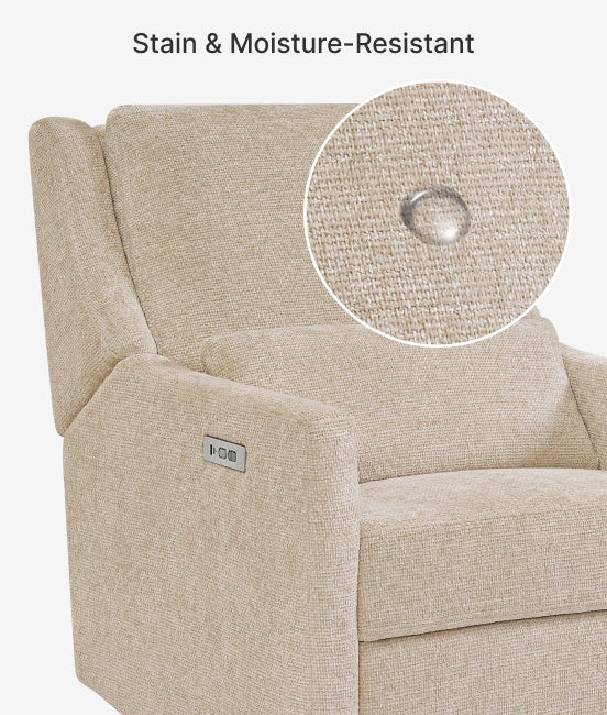 Beige recliner chair with close-up of fabric texture and water droplet, labeled 'Stain & Moisture-Resistant'.