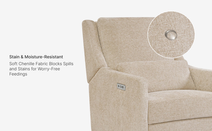Beige sofa with close-up of fabric texture and brand logo on a white background