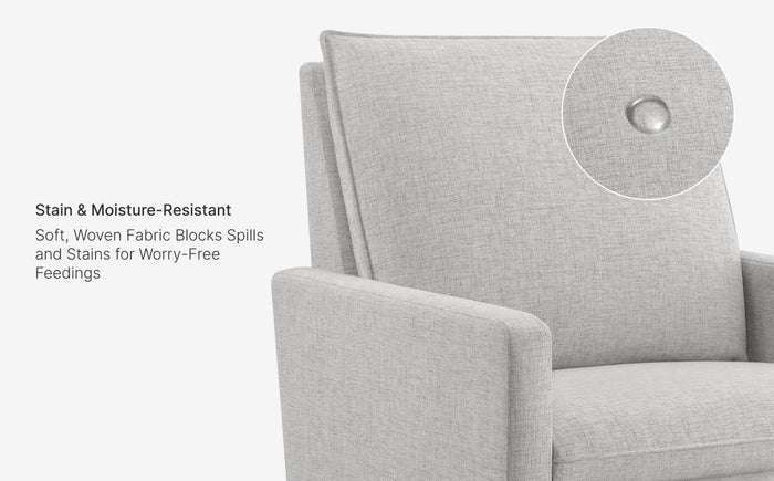 Gray fabric chair with close-up of texture and text about stain and moisture resistance.