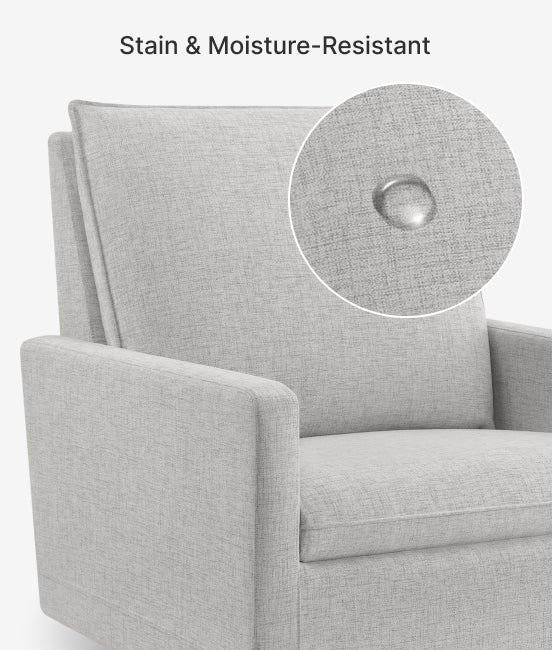 Gray fabric sofa with a close-up of water droplet resistance, labeled 'Stain & Moisture-Resistant'.