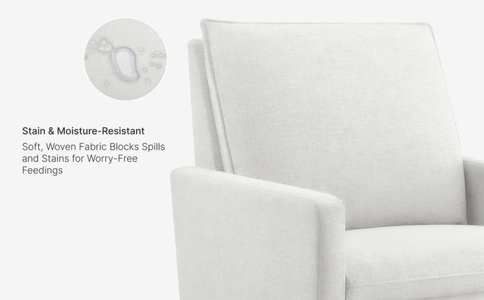 White woven fabric cover on a chair with text about stain and moisture resistance.