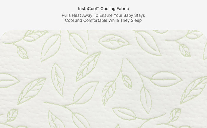 Textured white fabric with leaf pattern and promotional text about InstaCool cooling fabric.