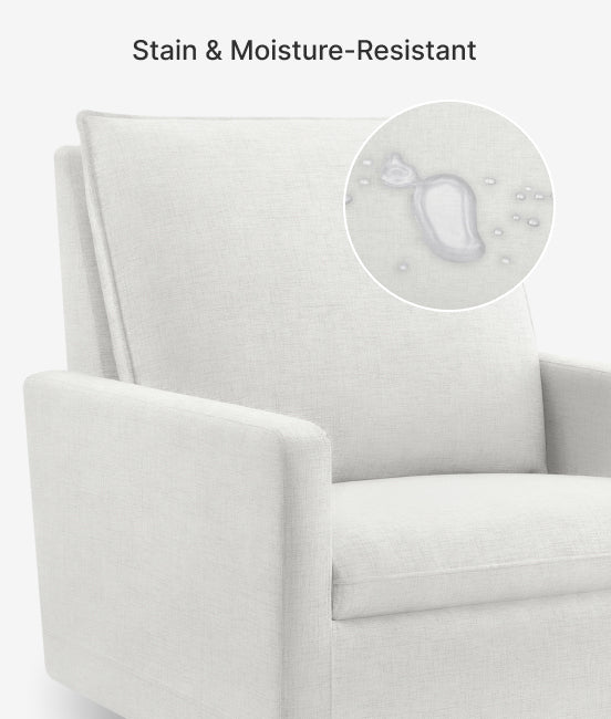White fabric with stain and moisture-resistant feature highlighted