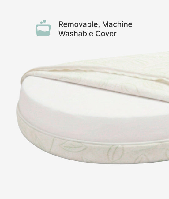 Mattress cover with text 'Removable, Machine Washable Cover' on a white background