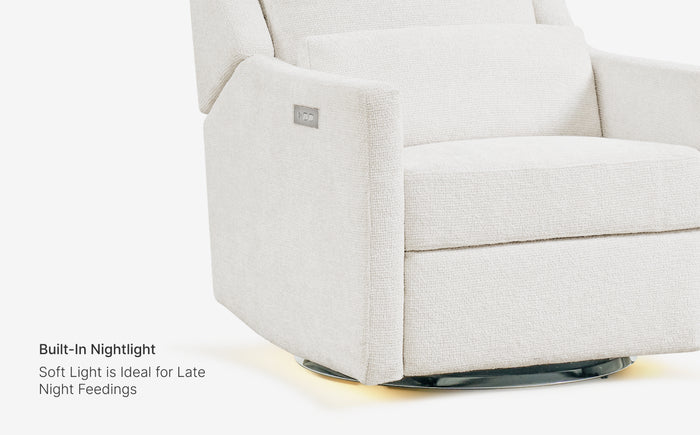 White recliner chair with a built-in nightlight feature on a white background