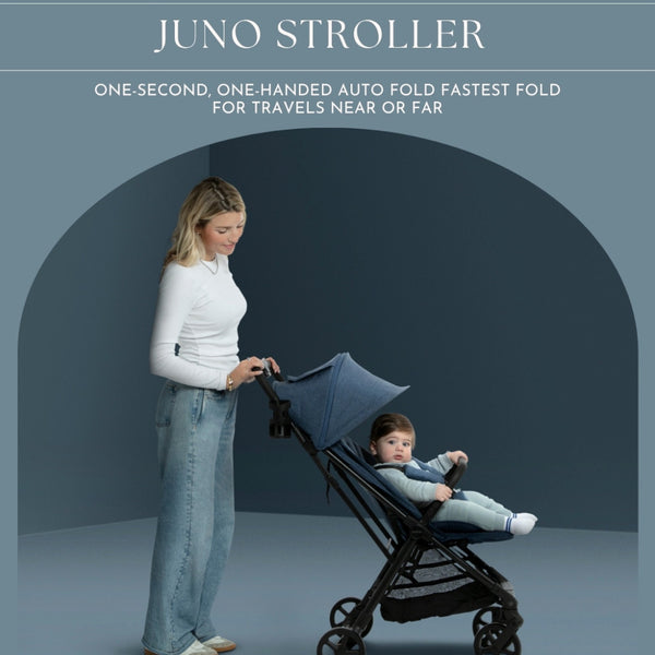 Woman pushing a stroller with a child inside against a gray background, featuring Bellini Juno Stroller branding.