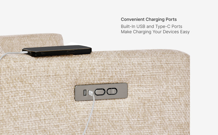 Beige suitcase with charging ports on a white background