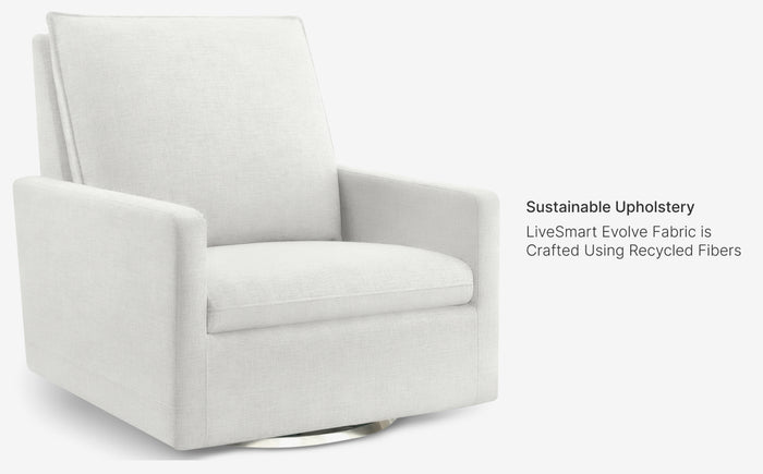 White swivel chair with text about sustainable upholstery fabric on a white background