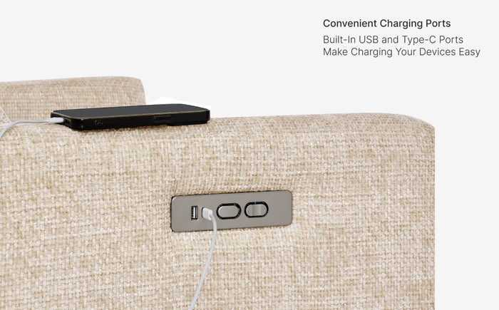 Beige suitcase with charging ports and USB cable on a white background