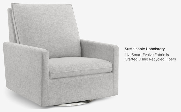 Gray upholstered chair with text about sustainable upholstery using recycled fibers on a white background