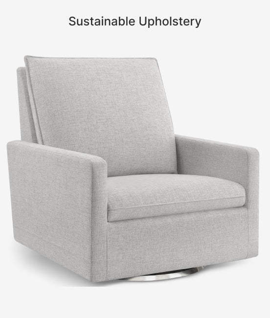 Gray upholstered swivel chair with 'Sustainable Upholstery' text on a white background