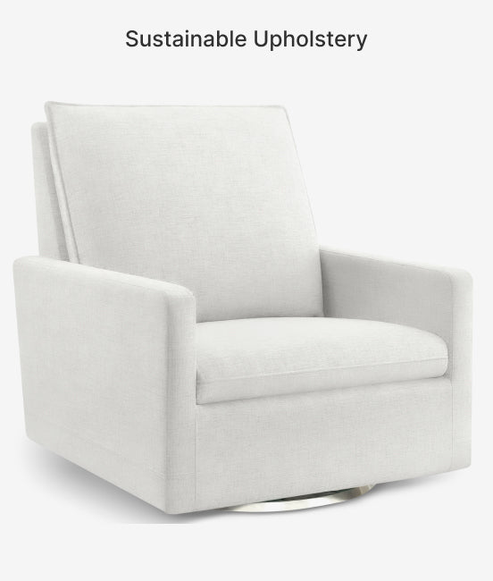 White upholstered swivel chair on a white background with 'Sustainable Upholstery' text.