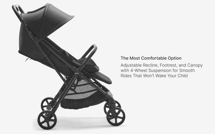 Black stroller with text on a white background
