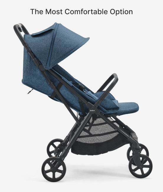 Blue baby stroller with a black frame on a white background