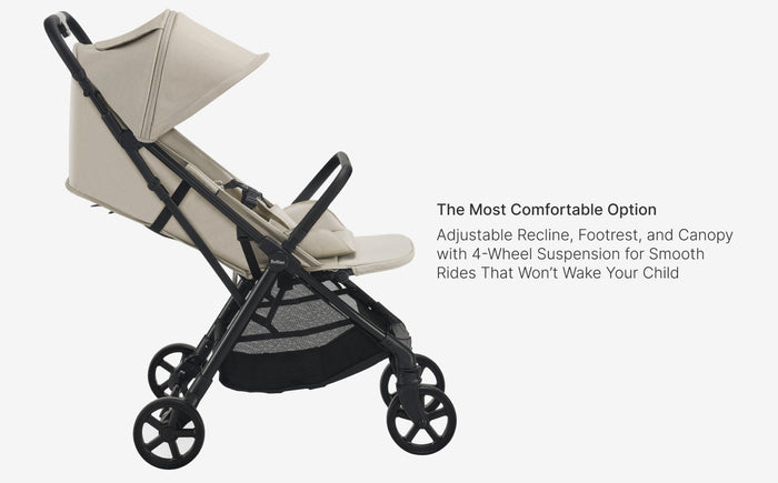 Beige stroller with black frame on a white background