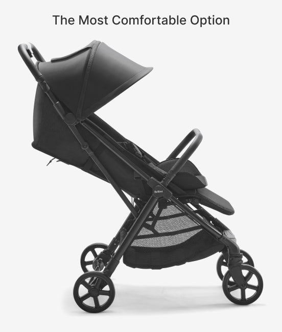 Black stroller on a white background with text 'The Most Comfortable Option'.