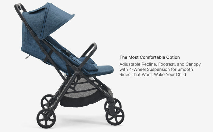 Blue stroller with canopy on a white background