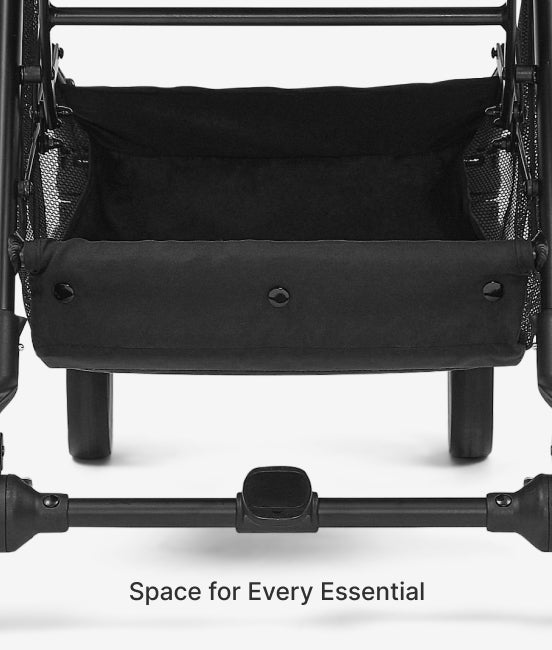 Black stroller with storage space on a white background
